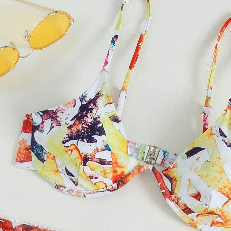 Printed Bikini Set with Steel Support and Skirt