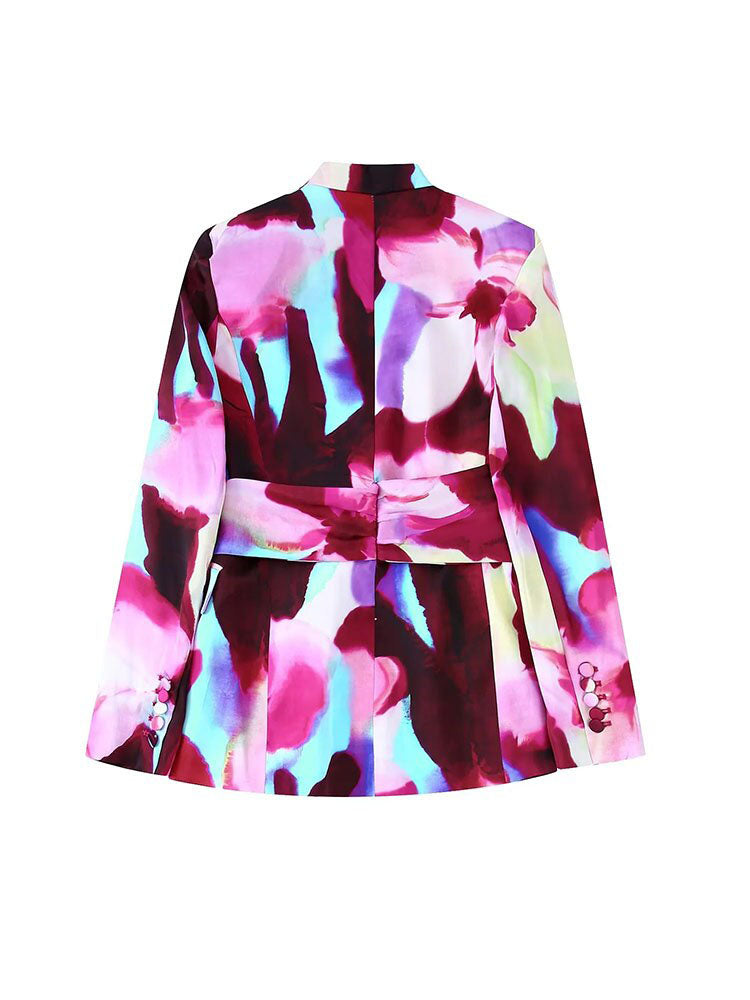 Ladies Blazer Pants Suit OL Silk-satin Blazer+Printed Straight Long Pants Basic Causal Outfits
