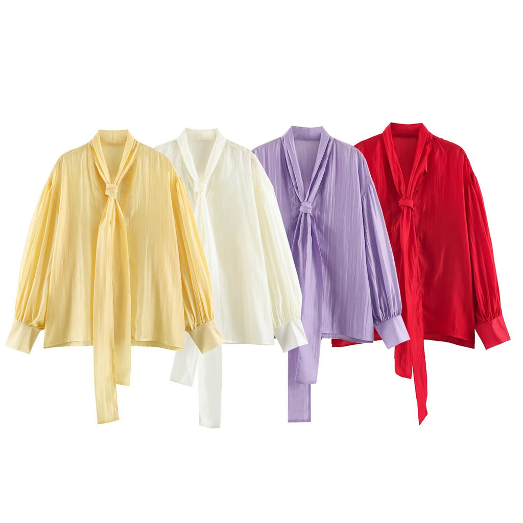 Chemisier femme satiné à nœud – Manches longues, coupe ample