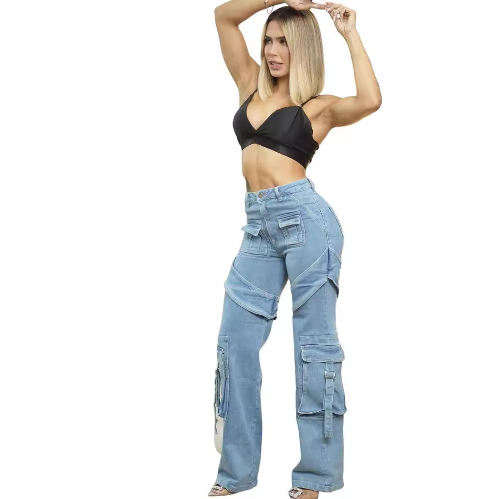 Denim jeans for women, street fashion multi-pocket casual cargo pants