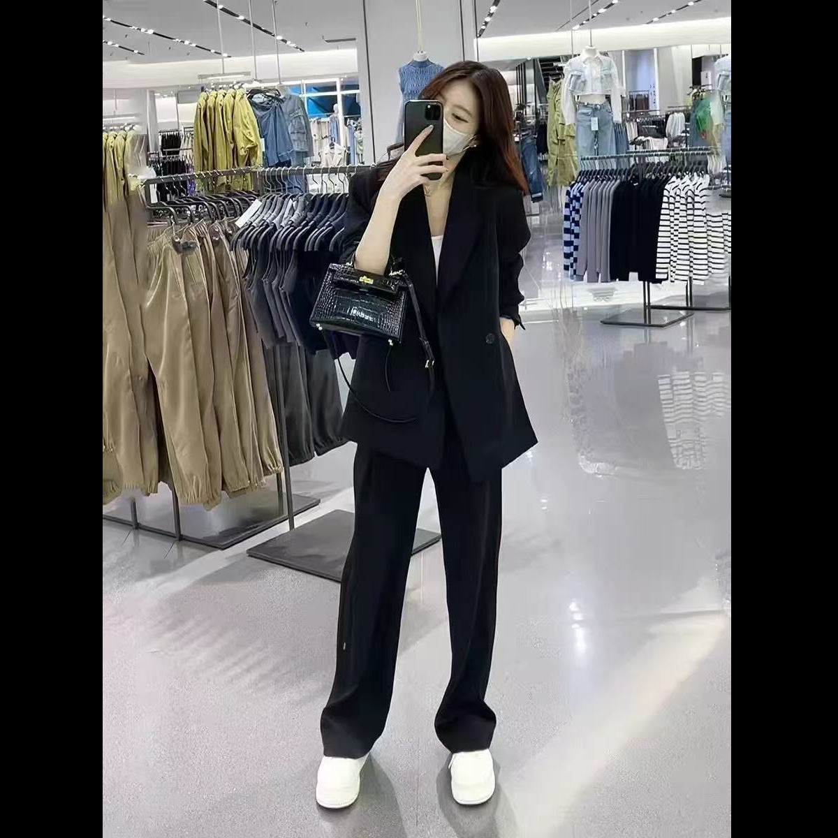 Elegant Style Two-Piece Set Long Sleeve Blazer Coat Wide Leg Pants Casual Office Women's Suit Set