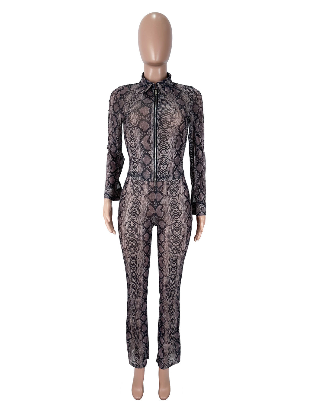 Snake Print Mesh Collar Zipper Blazer Flared Pants Set