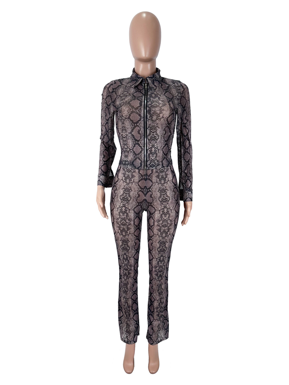 Snake Print Mesh Collar Zipper Blazer Flared Pants Set