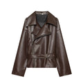 Veste femme en similicuir à col tailleur – Rouge foncé