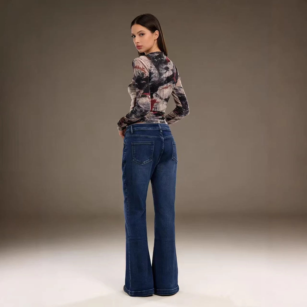 Retro Slim Fit Stretch Flared Jeans Pants for Women Long Pants