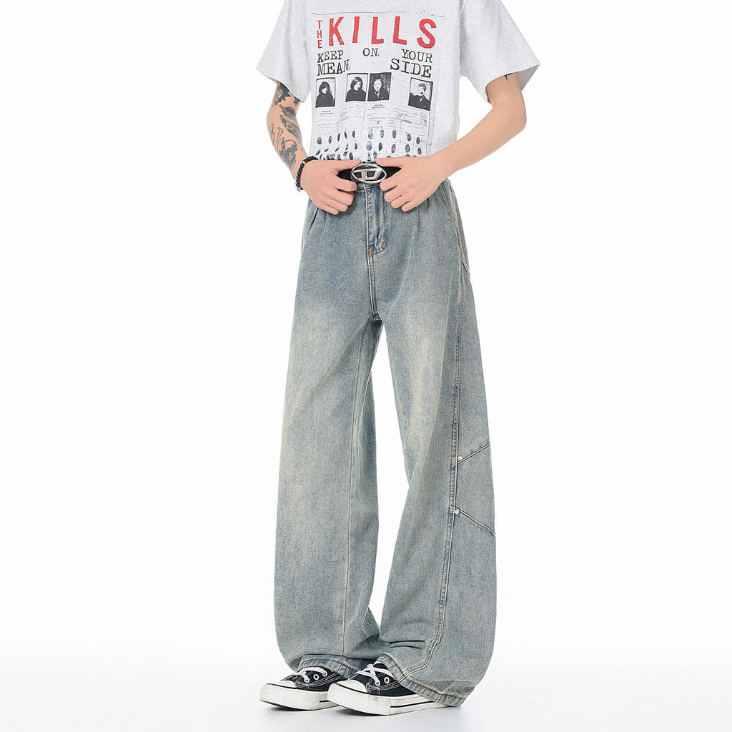 Patchwork Jeans Men Trendy Washed Versatile Wide Leg Pants