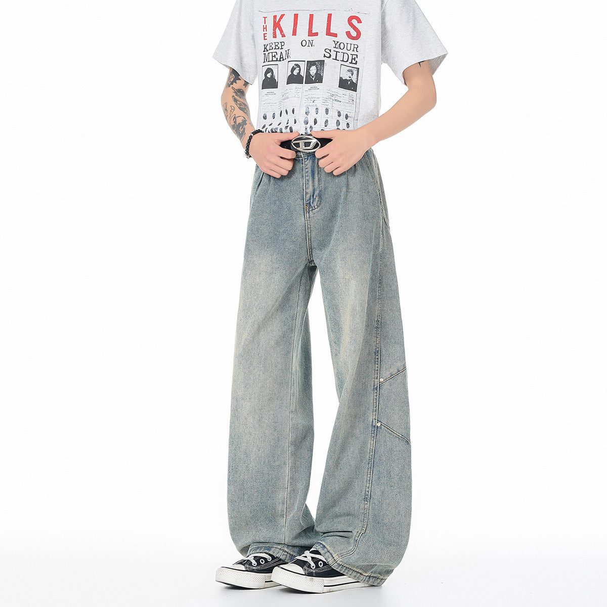Patchwork Jeans Men Trendy Washed Versatile Wide Leg Pants