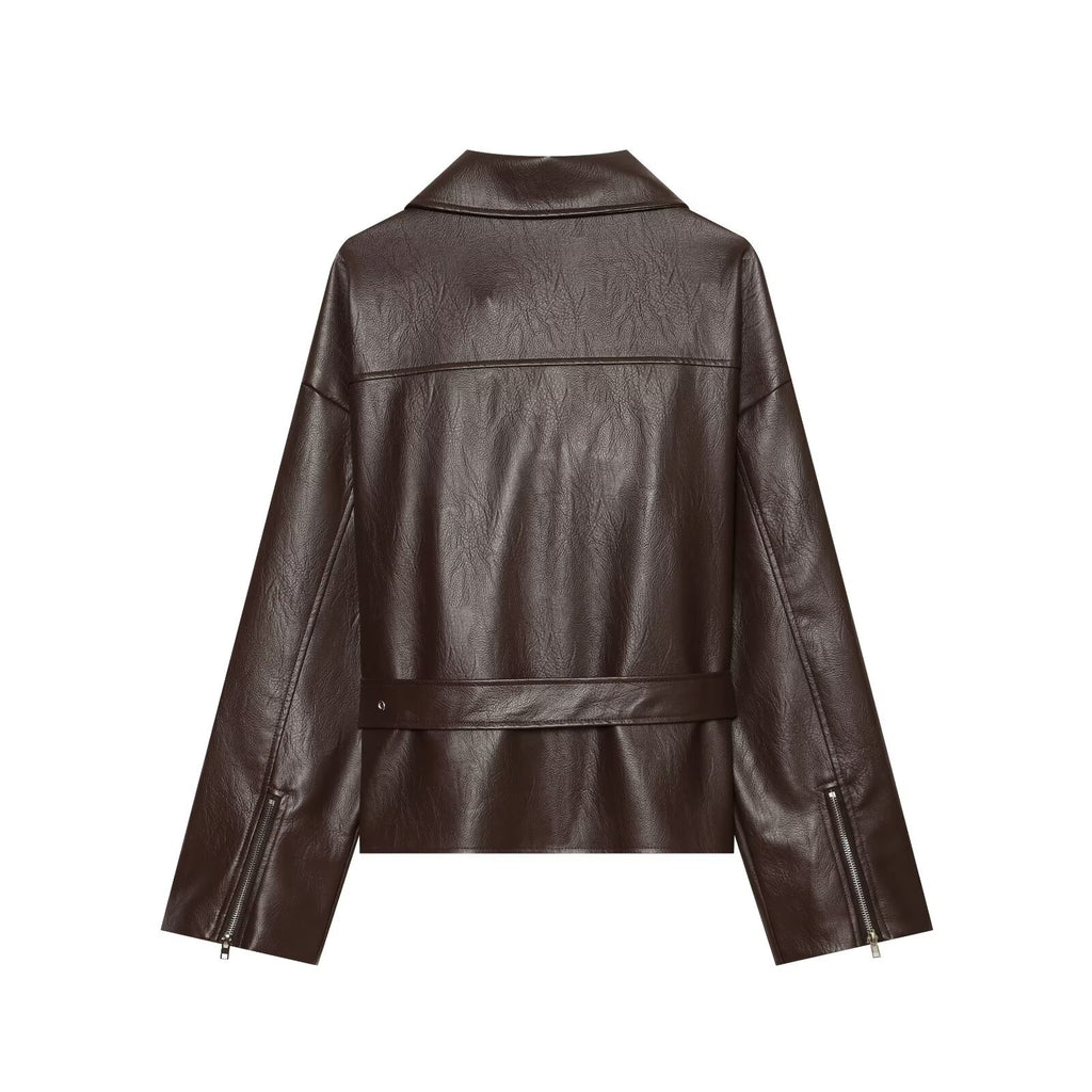 Veste femme en similicuir à col tailleur – Rouge foncé