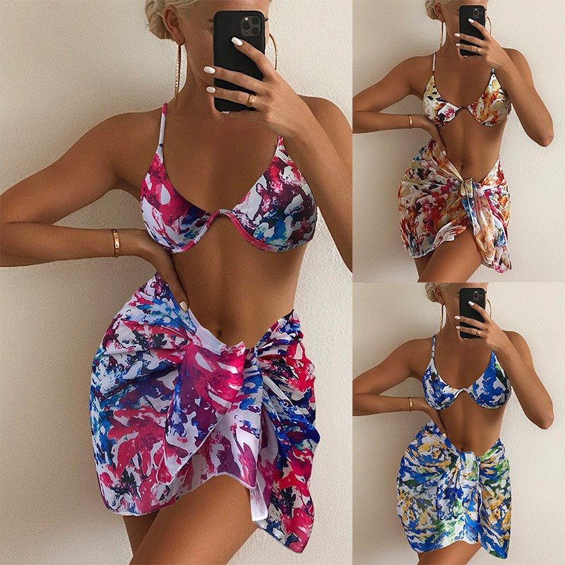 Printed Bikini Set with Steel Support and Skirt