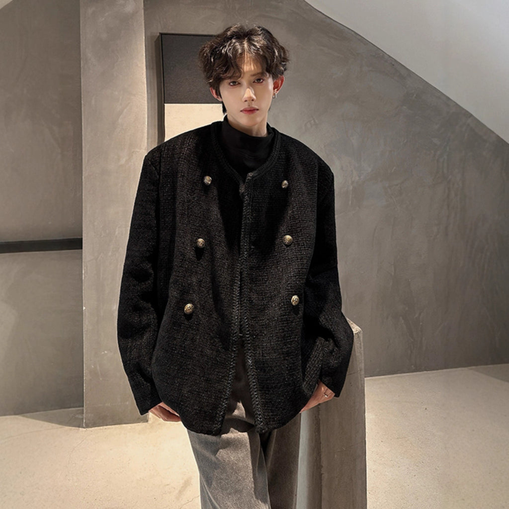 Chic Wool Blazer Men Double Breasted Casual Loose Jacket