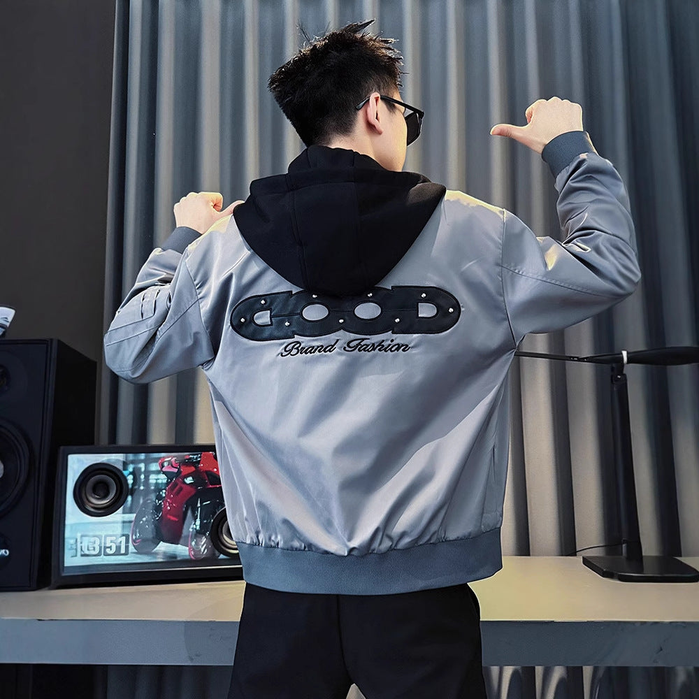 Detachable Hooded Jacket for Men Winter Embroidered Top Men's Short Coat