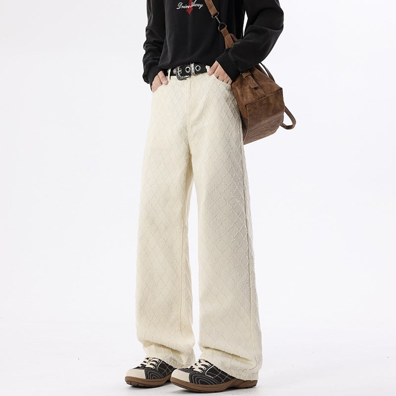 Casual Straight Leg Jeans for Men, White Checkered Denim Pants