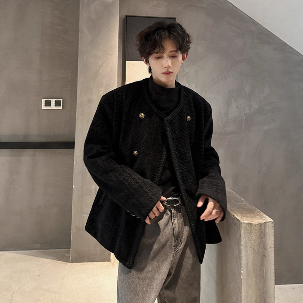 Chic Wool Blazer Men Double Breasted Casual Loose Jacket