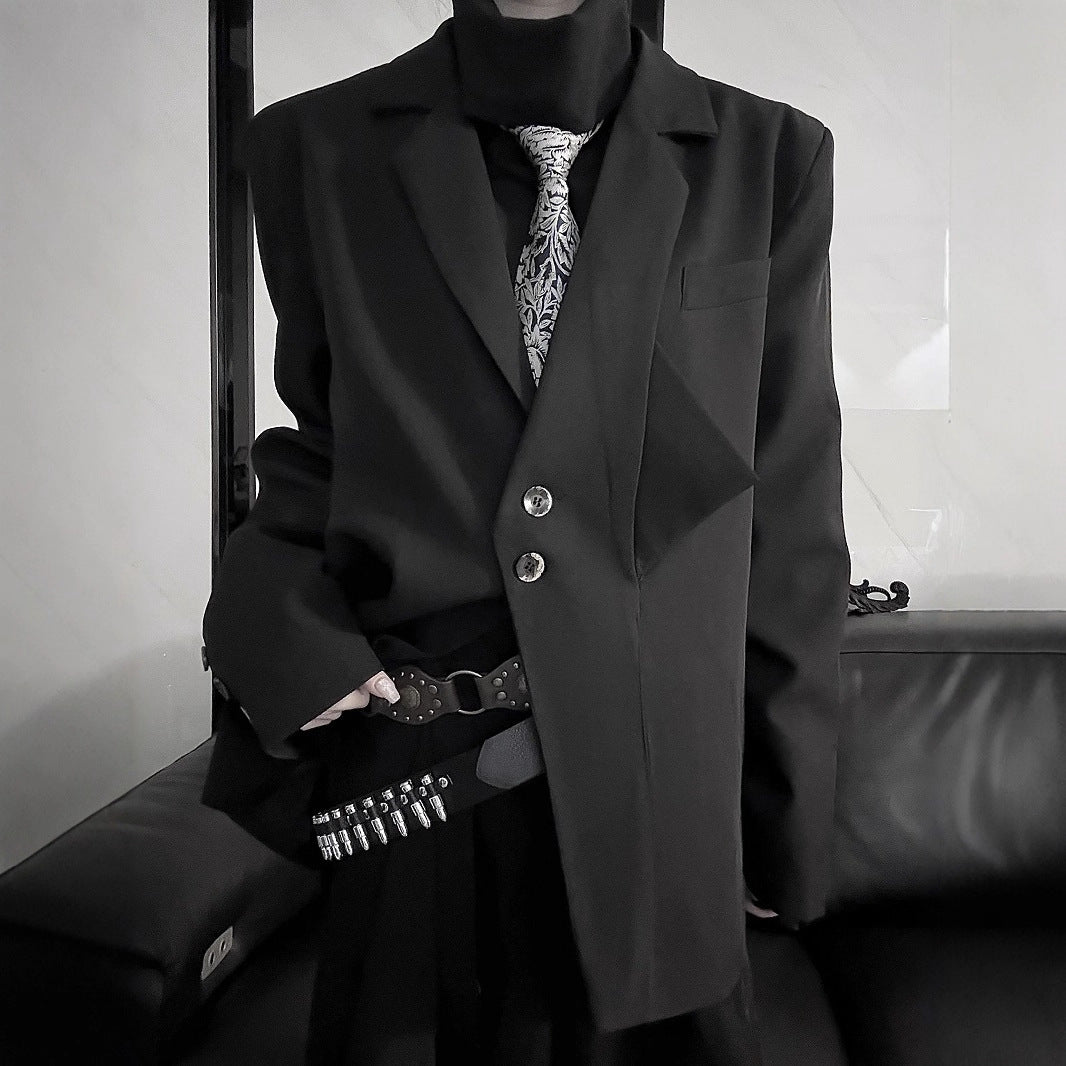 Vintage Retro Audrey Hepburn Style Dark Black Mini-Triangle Suit Jacket, Unisex Gender-Neutral Streetwear, Loose Casual Blazer for Men and Women