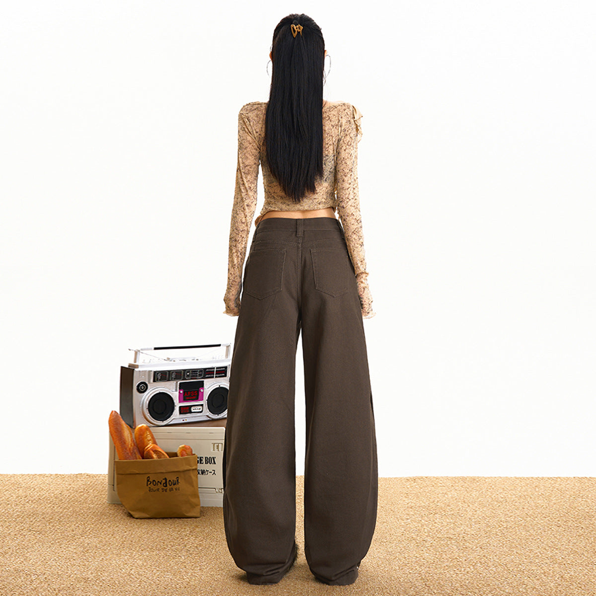 Brown Knife-Edge Jeans Women Vintage Pants