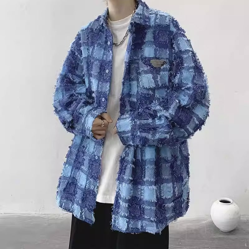 Checkered Long Sleeve Shirt Men Trendy Streetwear Casual Blazer Retro Design Top