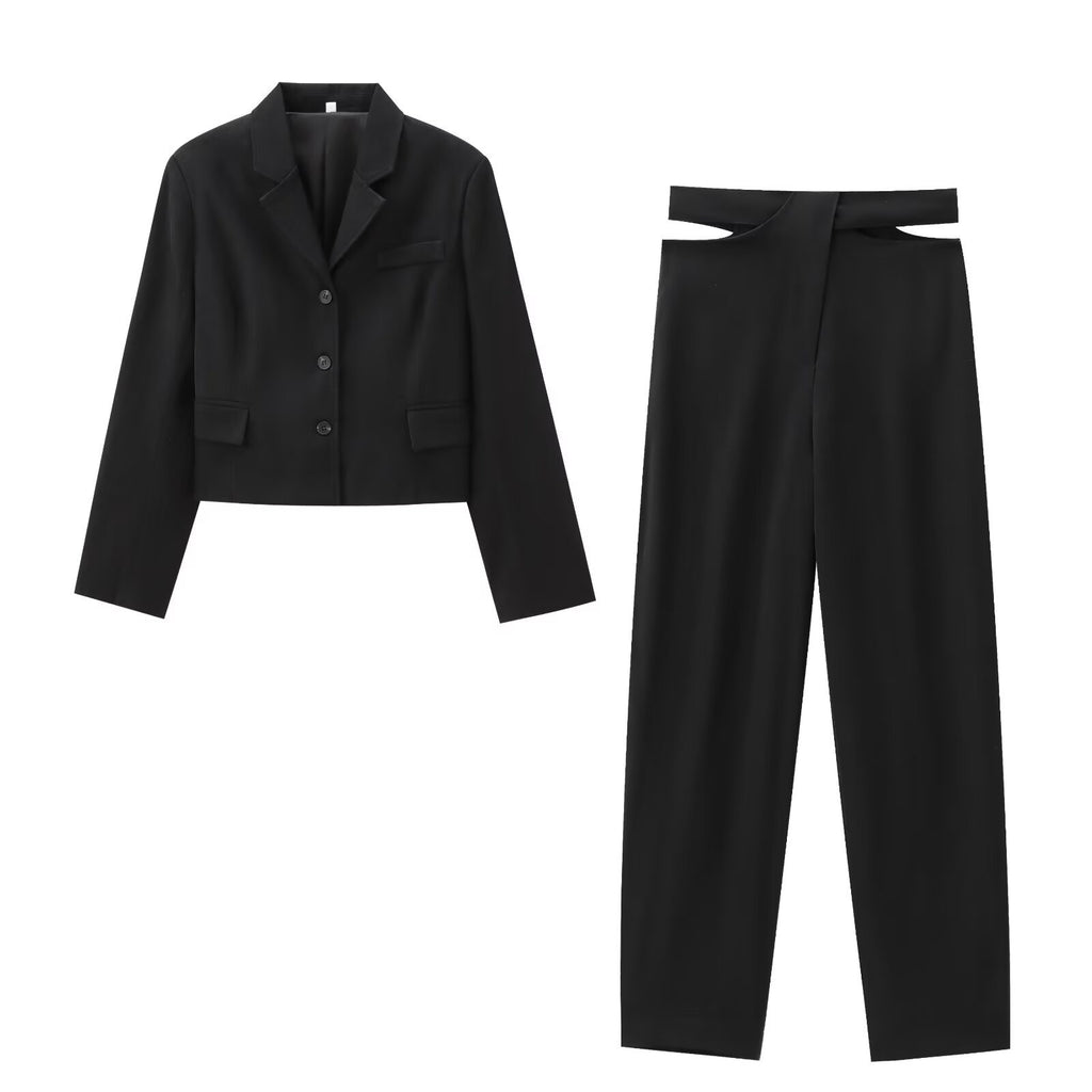 Women's Wool Blend Fitted Blazer + Open Design Pants Set