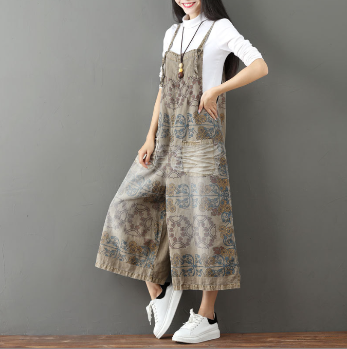 Printed drawstring distressed white jeans casual women oversized suspender pants