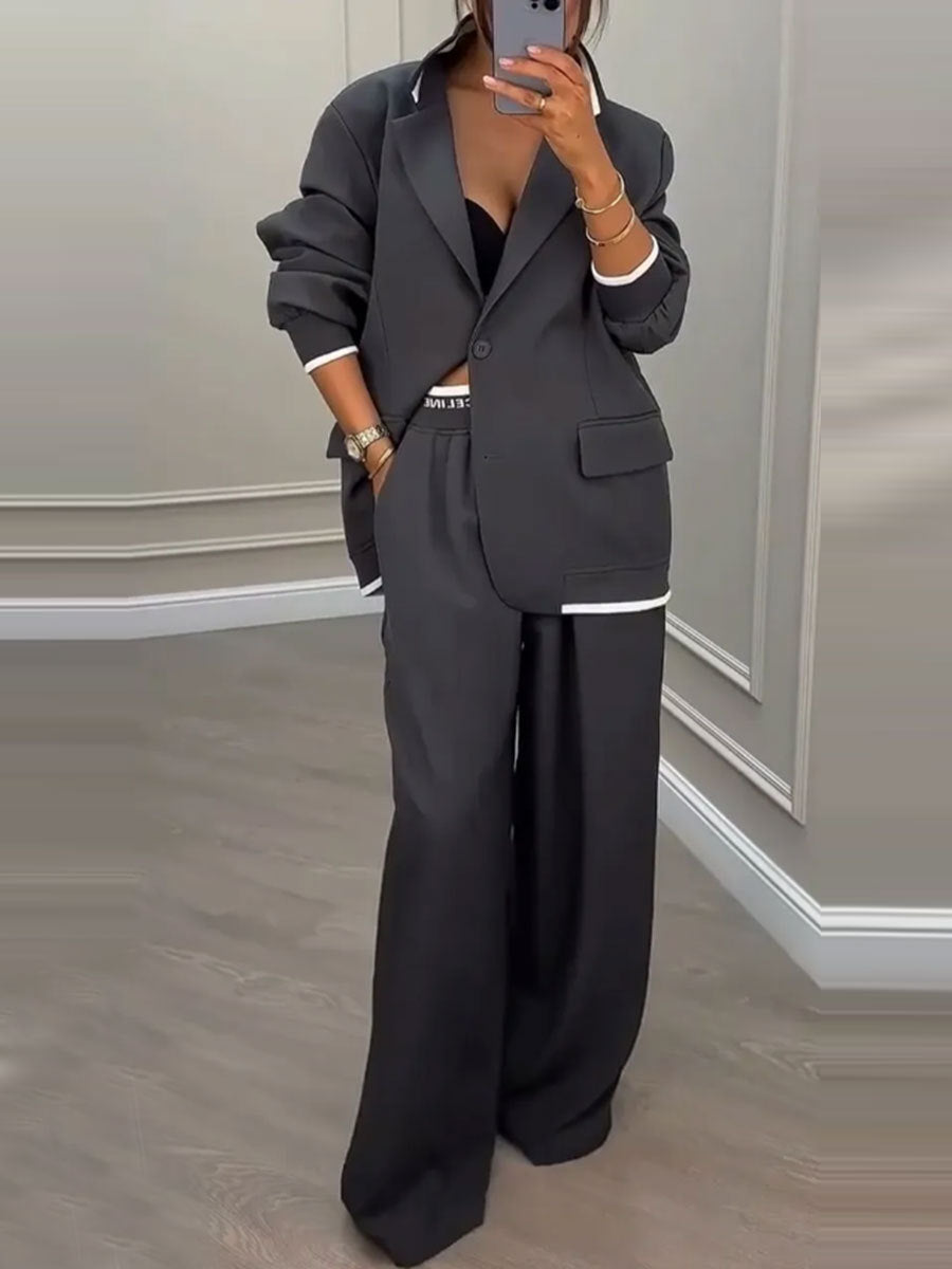 Autumn/Winter New Women's Fashion Long Sleeve Blazer Casual Wide Leg Pants Suit Set