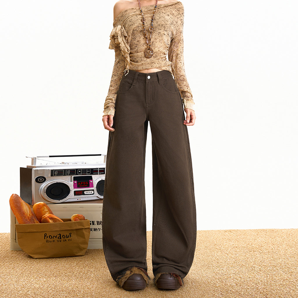 Brown Knife-Edge Jeans Women Vintage Pants