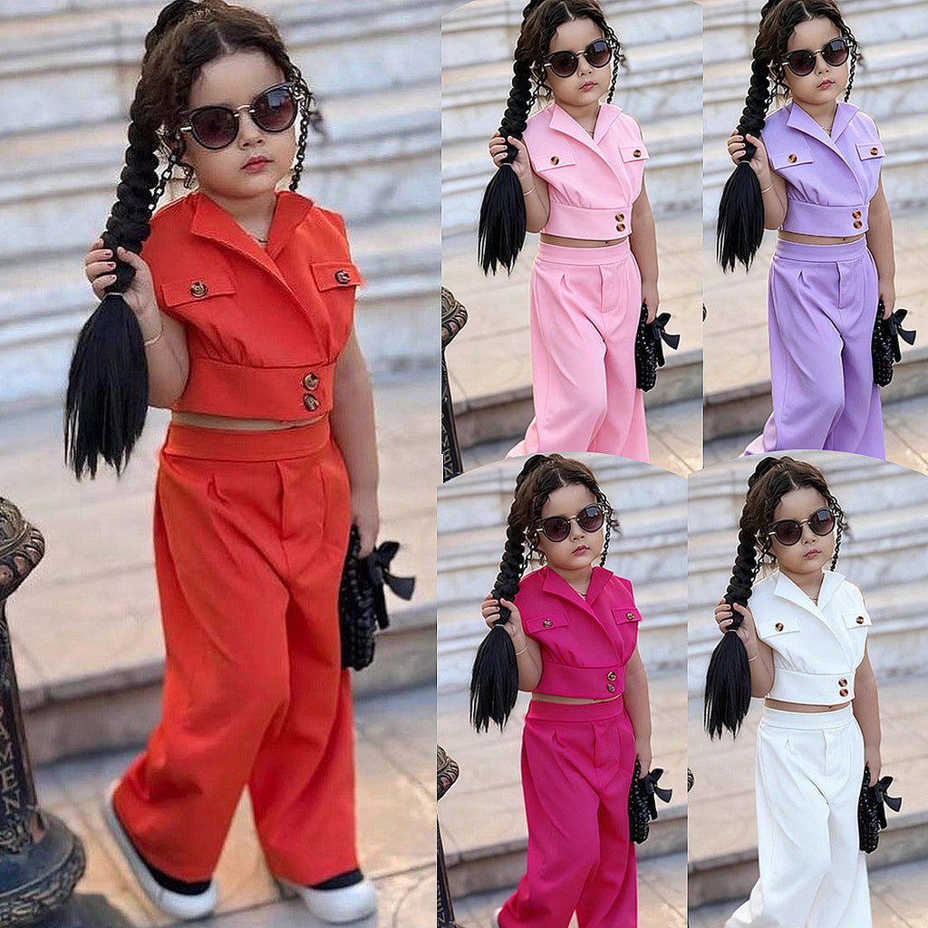 Casual Two-Piece Set for Girls Summer Outfit Jacket Vest with Buttons Blazer Pants Kids Fashion Suit