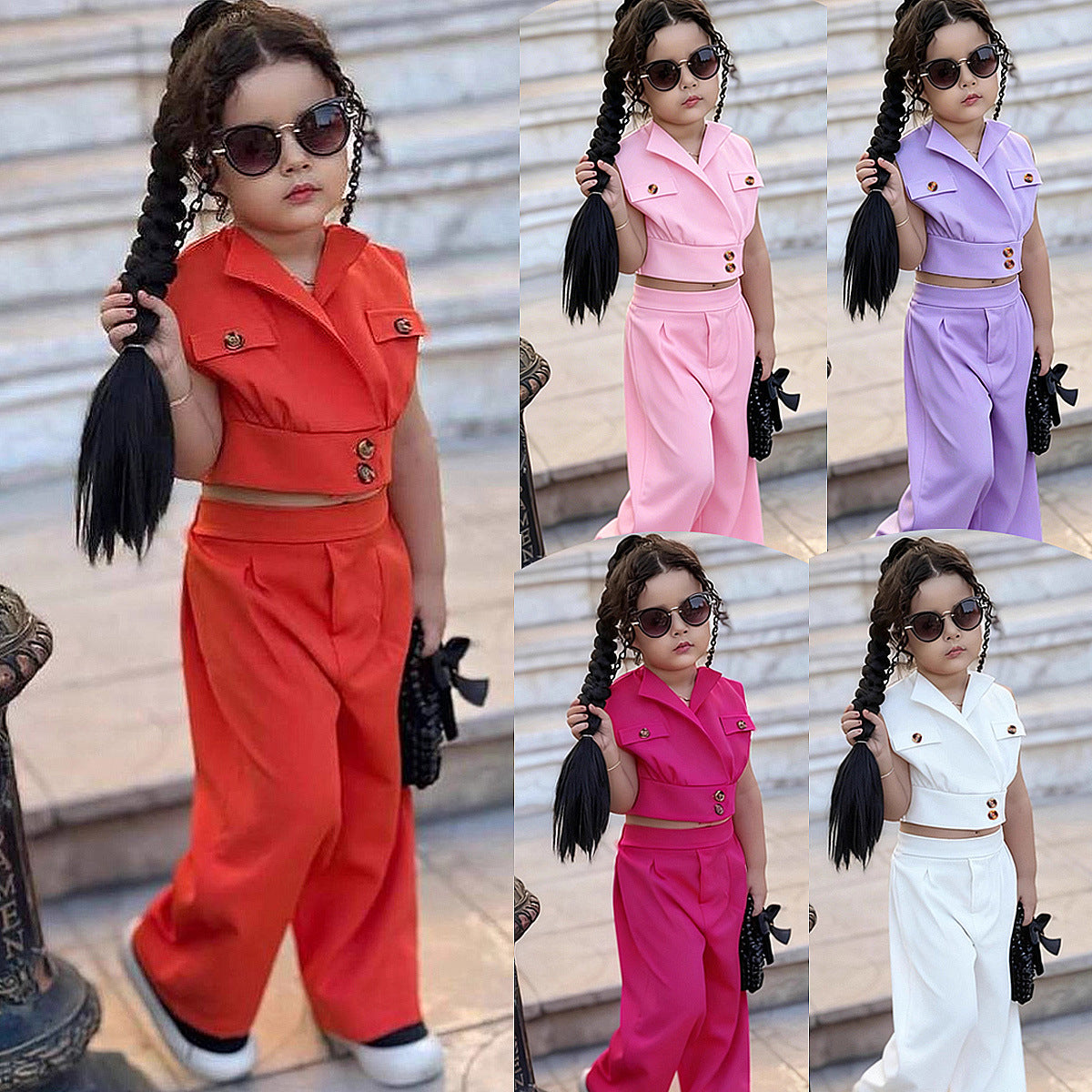Casual Two-Piece Set for Girls Summer Outfit Jacket Vest with Buttons Blazer Pants Kids Fashion Suit