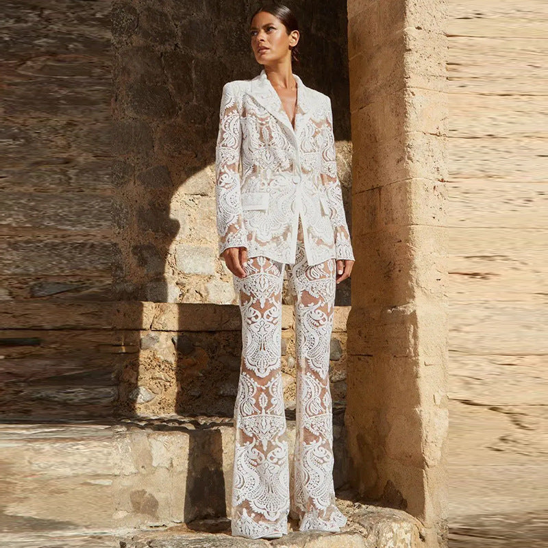 Mesh Embroidered Sequined Blazer and Long Pants Set Two-Piece Suit