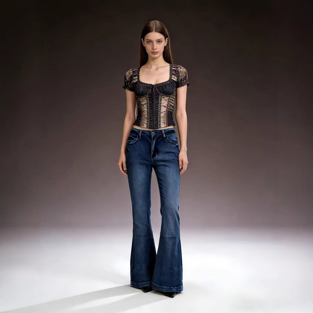 Retro Slim Fit Stretch Flared Jeans Pants for Women Long Pants