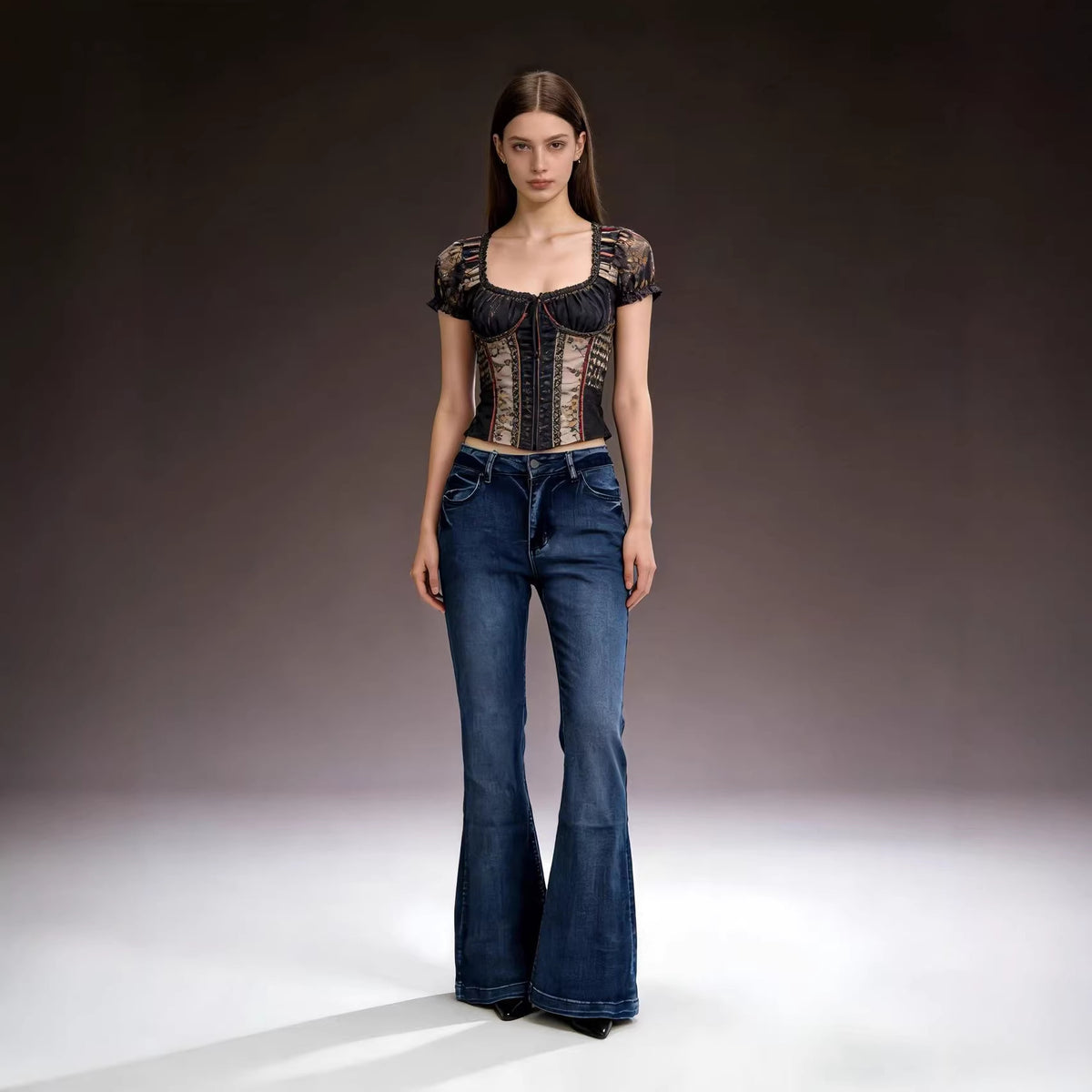 Retro Slim Fit Stretch Flared Jeans Pants for Women Long Pants