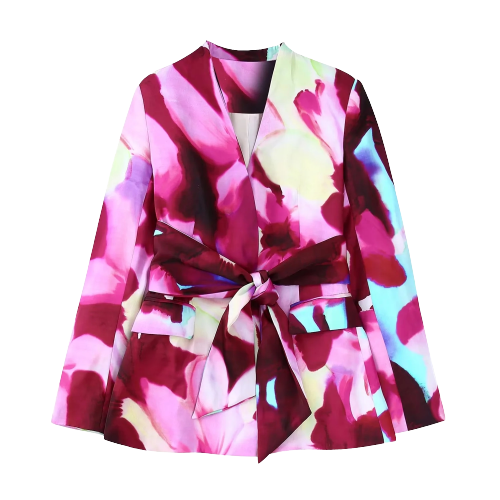 Ladies Blazer Pants Suit OL Silk-satin Blazer+Printed Straight Long Pants Basic Causal Outfits