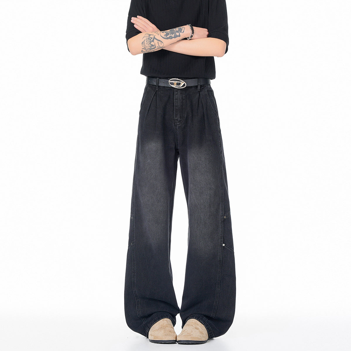 Patchwork Jeans Men Trendy Washed Versatile Wide Leg Pants