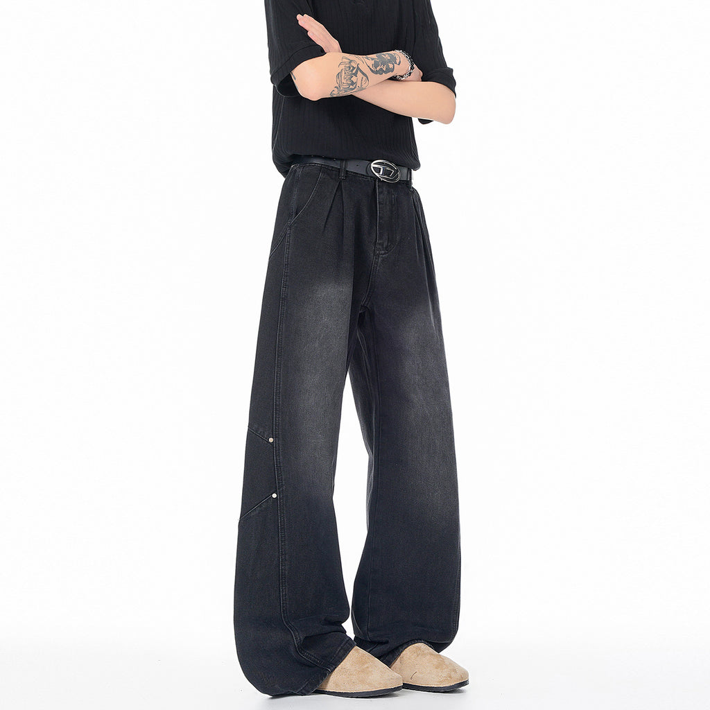 Patchwork Jeans Men Trendy Washed Versatile Wide Leg Pants