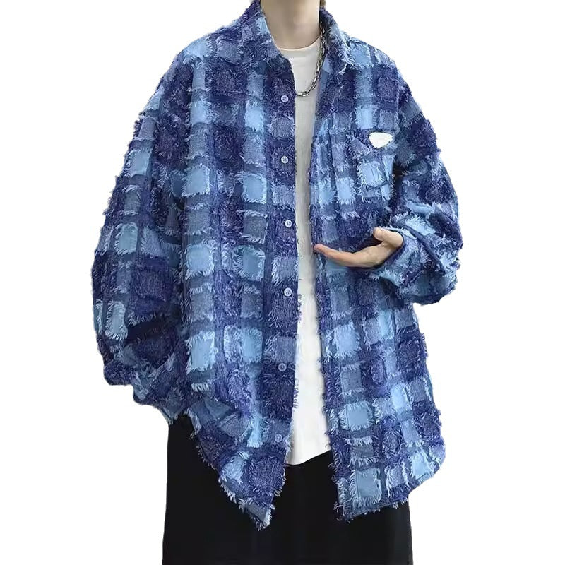 Checkered Long Sleeve Shirt Men Trendy Streetwear Casual Blazer Retro Design Top
