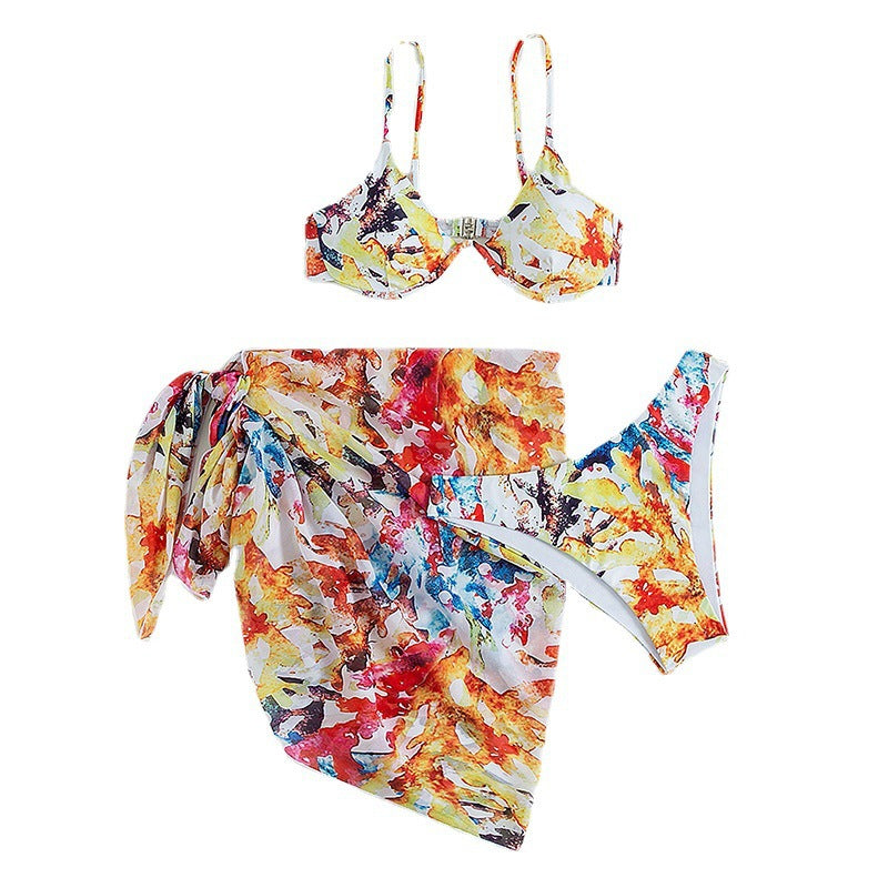 Printed Bikini Set with Steel Support and Skirt