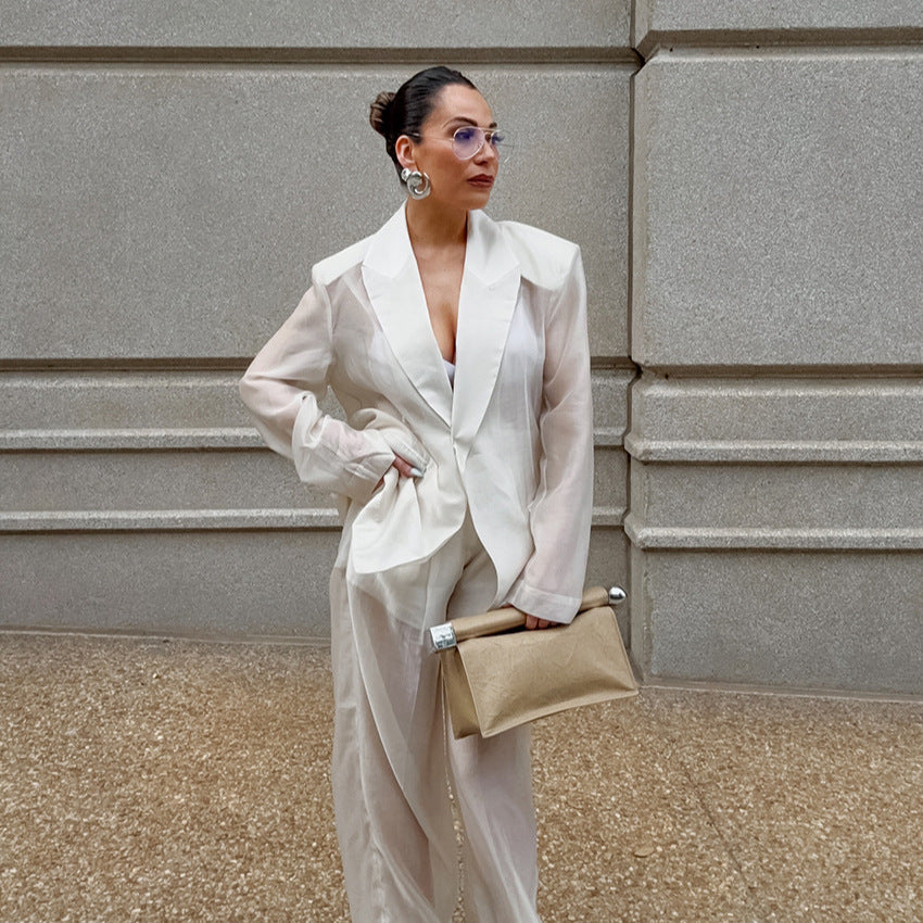 Women's Suit Set High-Grade  Rayon Thin Micro-Transparent Minimalist Temperament Blazer and Long Pants Two-Piece Set