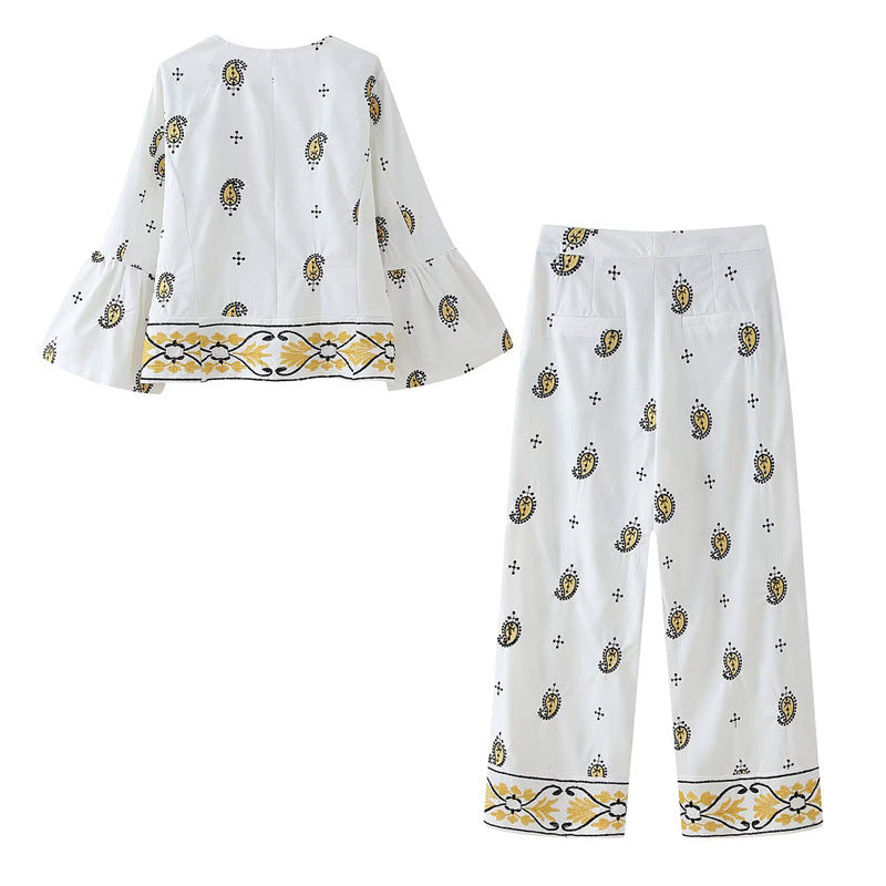 Elegant Embroidered Blazer and Wide-Leg Pants Set Style Fashion Casual Women's Suit