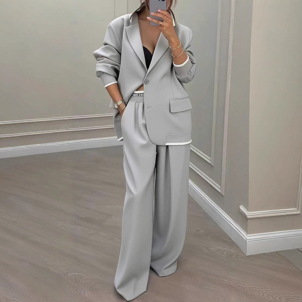 Autumn/Winter New Women's Fashion Long Sleeve Blazer Casual Wide Leg Pants Suit Set