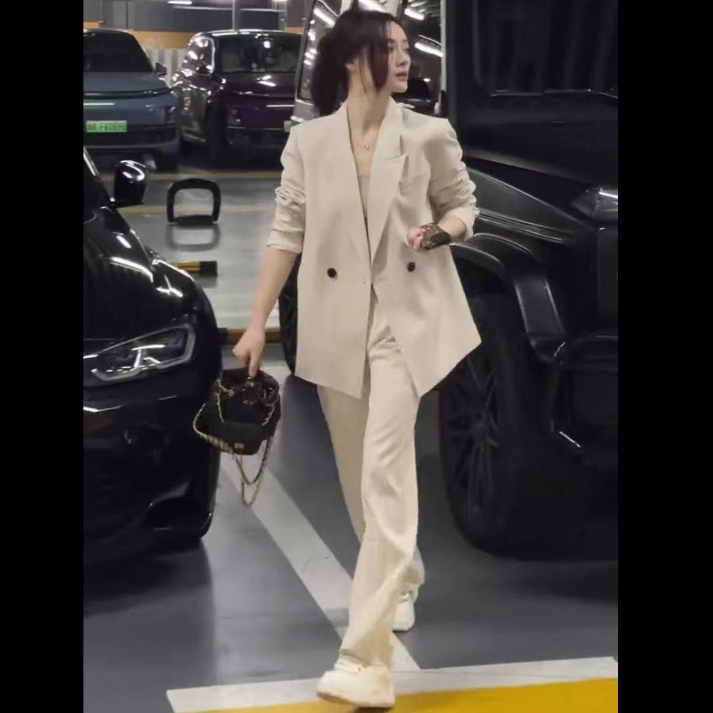 Elegant Style Two-Piece Set Long Sleeve Blazer Coat Wide Leg Pants Casual Office Women's Suit Set