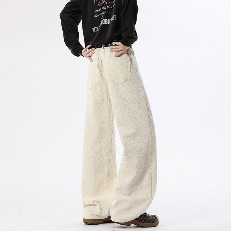 Casual Straight Leg Jeans for Men, White Checkered Denim Pants