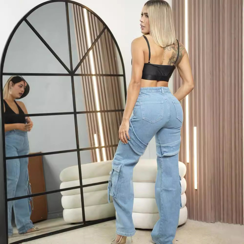 Denim jeans for women, street fashion multi-pocket casual cargo pants