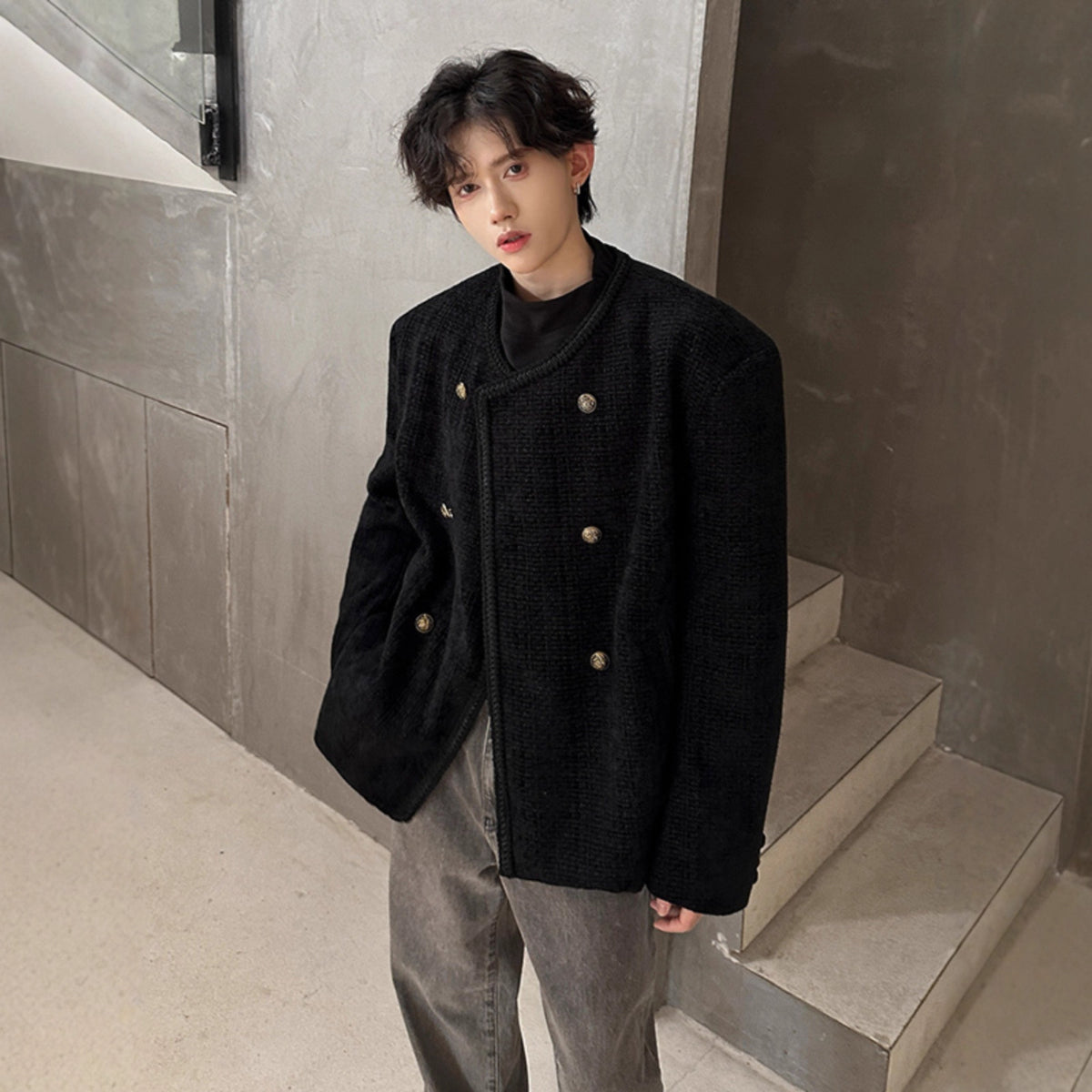 Chic Wool Blazer Men Double Breasted Casual Loose Jacket