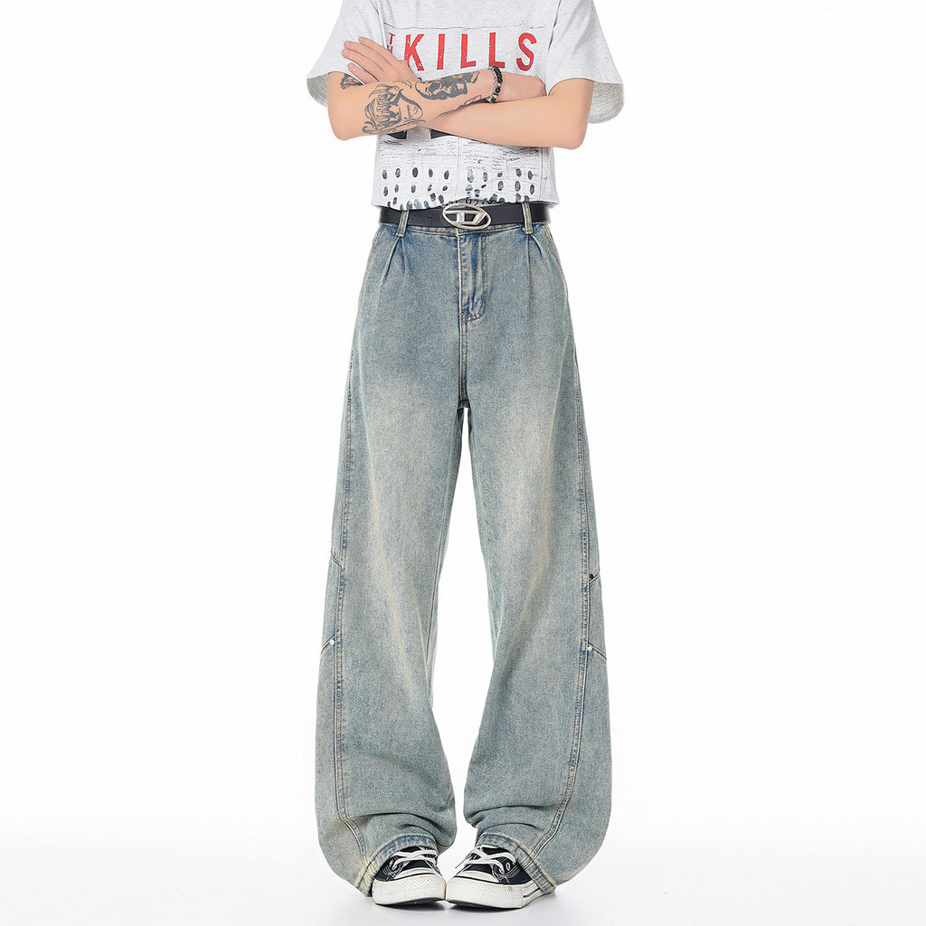 Patchwork Jeans Men Trendy Washed Versatile Wide Leg Pants