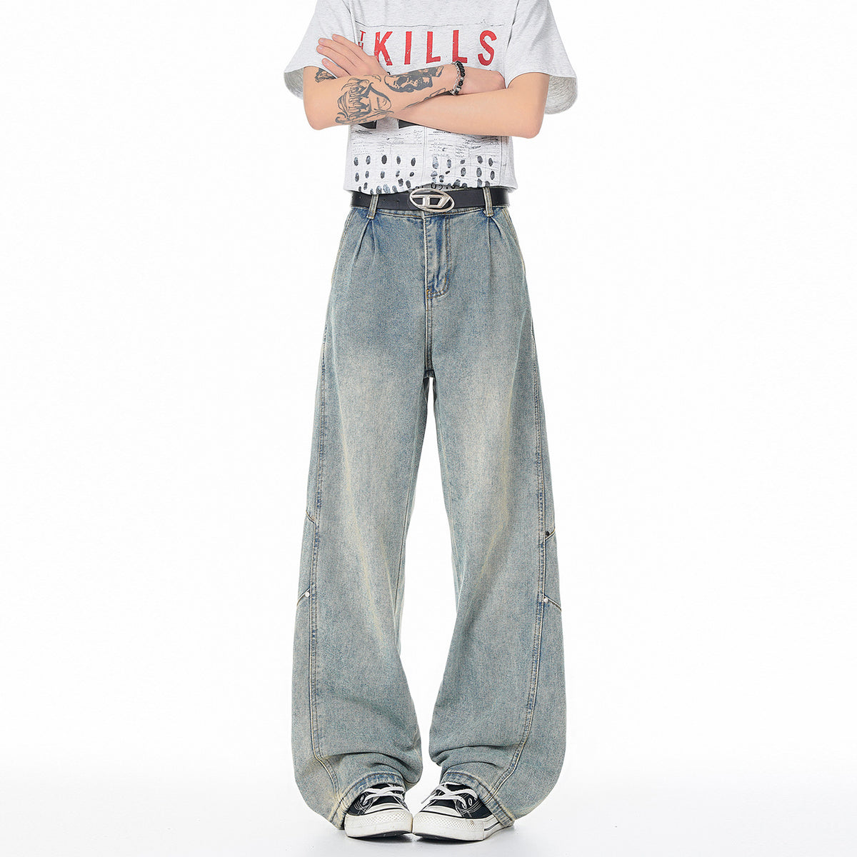 Patchwork Jeans Men Trendy Washed Versatile Wide Leg Pants