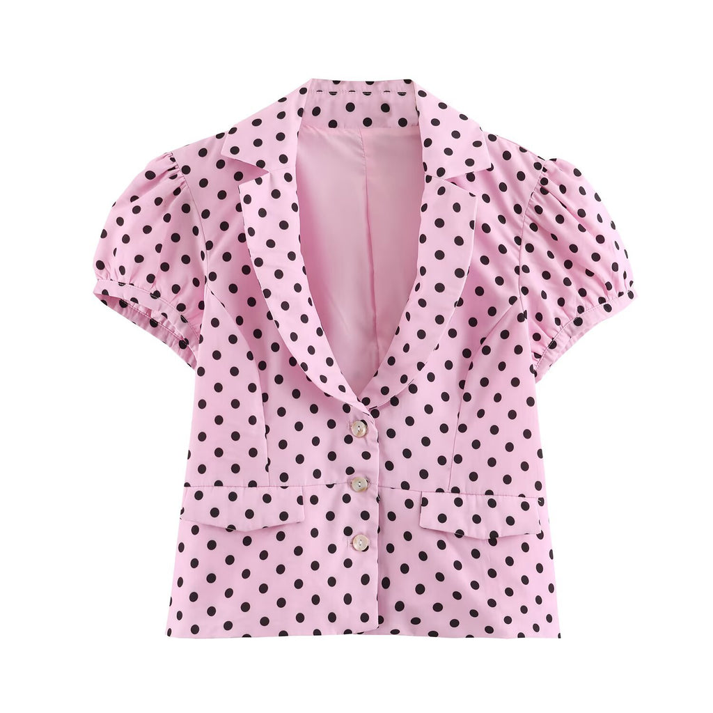 Chemisier femme rose à pois – Manches 3/4 et col revers