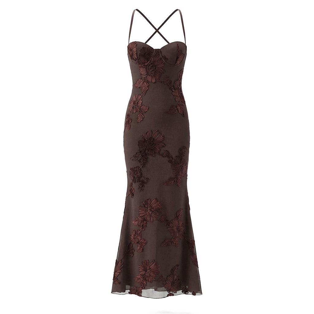 Robe longue femme structurée à baleines – Col V, marron