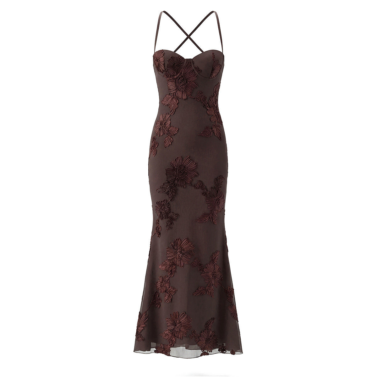 Robe longue femme structurée à baleines – Col V, marron