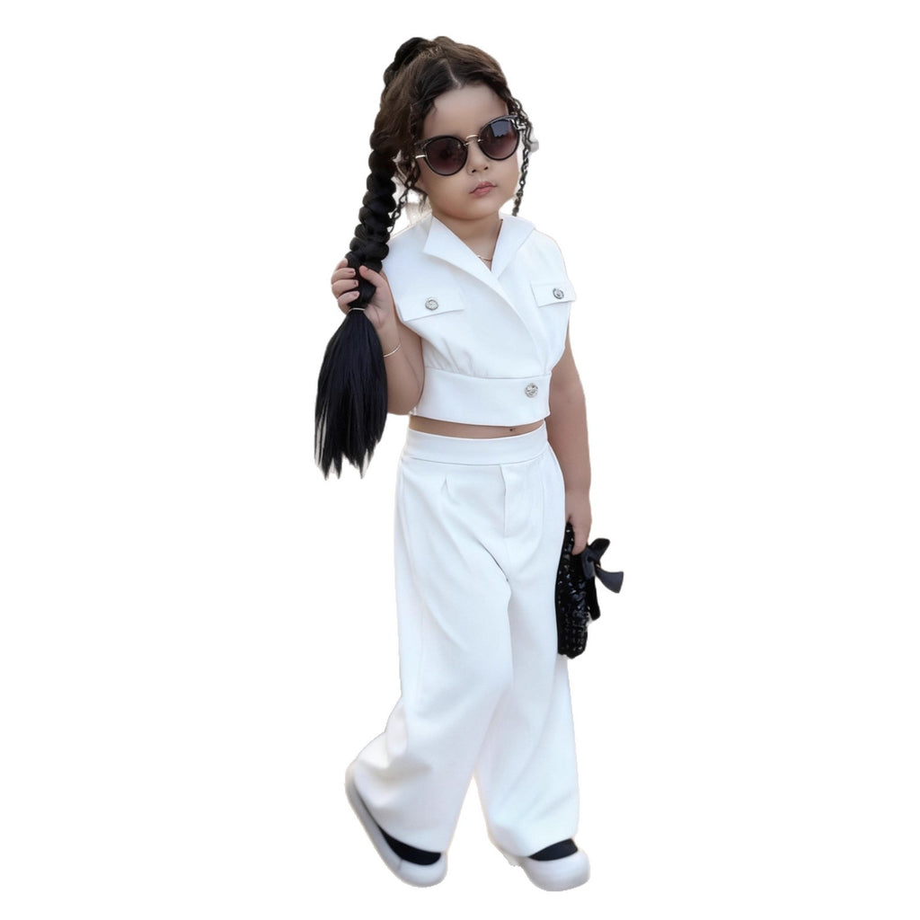 Casual Two-Piece Set for Girls Summer Outfit Jacket Vest with Buttons Blazer Pants Kids Fashion Suit