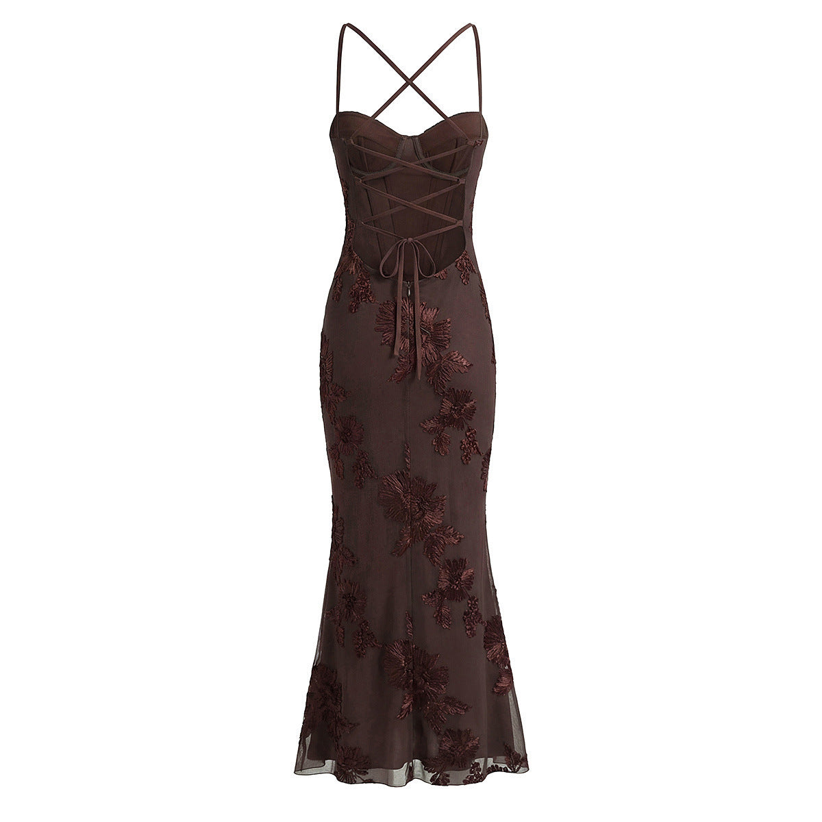 Robe longue femme structurée à baleines – Col V, marron