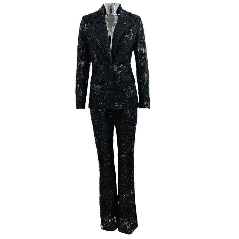 Mesh Embroidered Sequined Blazer and Long Pants Set Two-Piece Suit