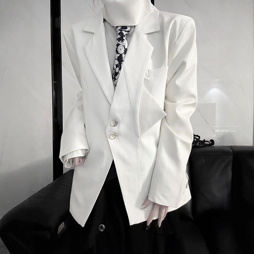 Vintage Retro Audrey Hepburn Style Dark Black Mini-Triangle Suit Jacket, Unisex Gender-Neutral Streetwear, Loose Casual Blazer for Men and Women